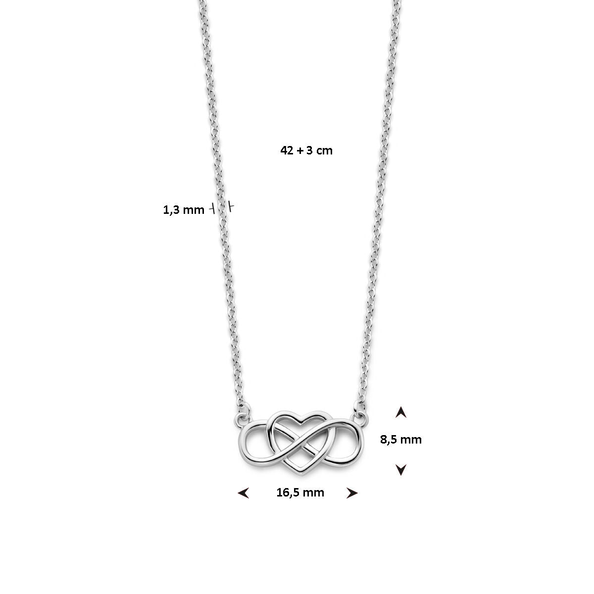 Ketting hart en infinity 42 + 3 cm zilver gerhodineerd